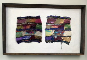 This piece is the beginning of my work combining fiber and my paper. The left side is a crochet tapestry and the right is an assembly of papers, a mirror of its mate. The two pieces are mounted on painted wall board, wood framed. Content: wool, mohair, silk. Paper collection, some 1930 antique wall paper.